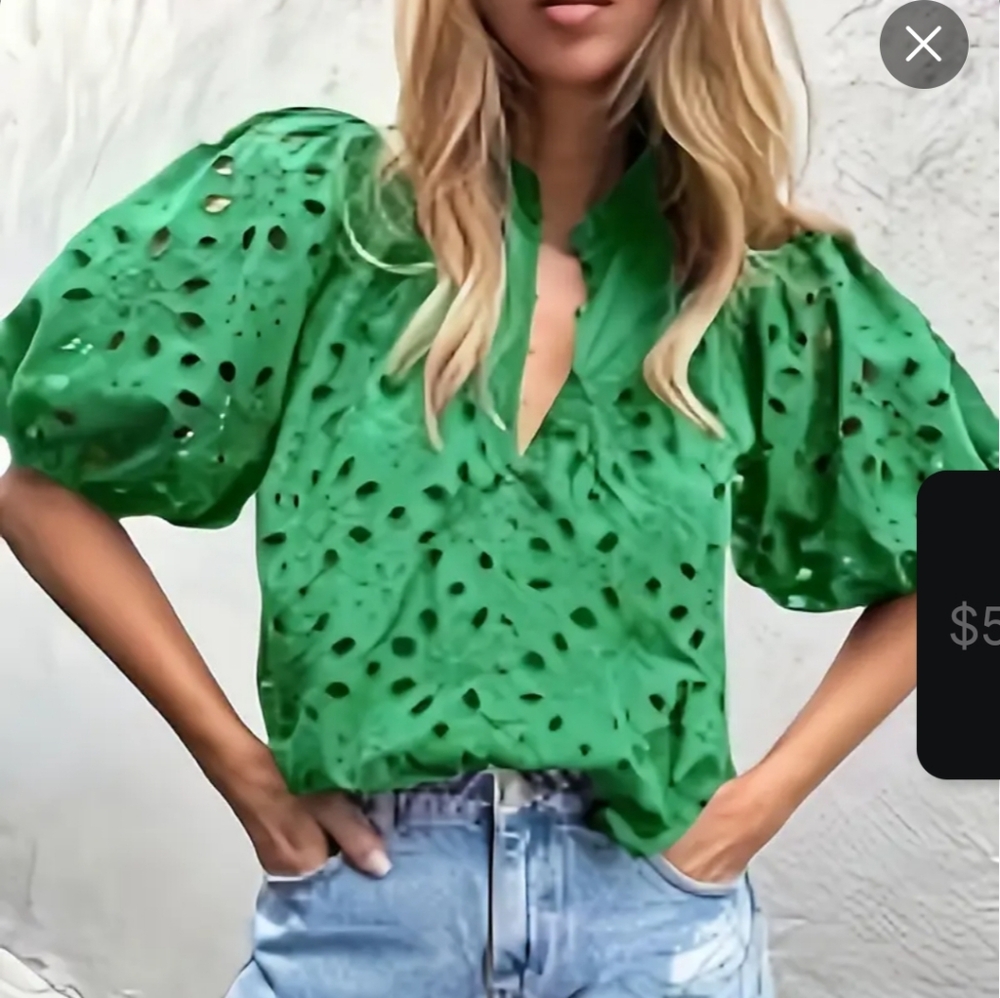 Green Eyelet Puff Sleeve Top
